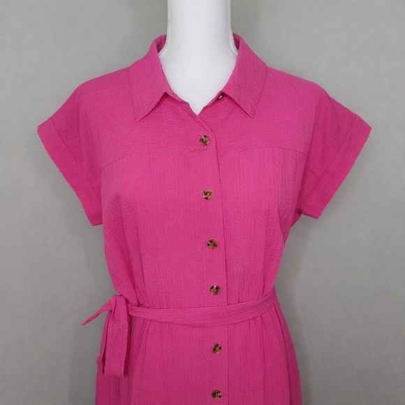 Calvin Klein Hot Pink Button-Front Fit & Flare Gauze Preppy Feminine Shirt Dress - Picture 2 of 11